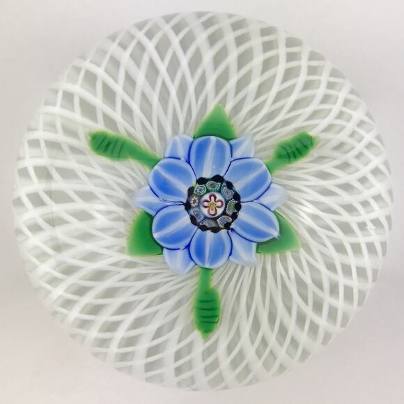 Perthshire 1985A Miniature Blue Flower Spiral Latticinio Cushion Paperweight - Picture 1 of 14